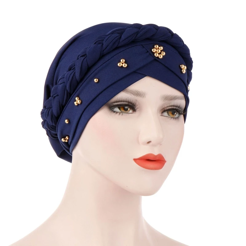 

Muslim Beaded Braid Turban Hat Nursing Hijab Chemo Hair Loss Headwear Hair Wraps Beanie Hat for Housework T8DE