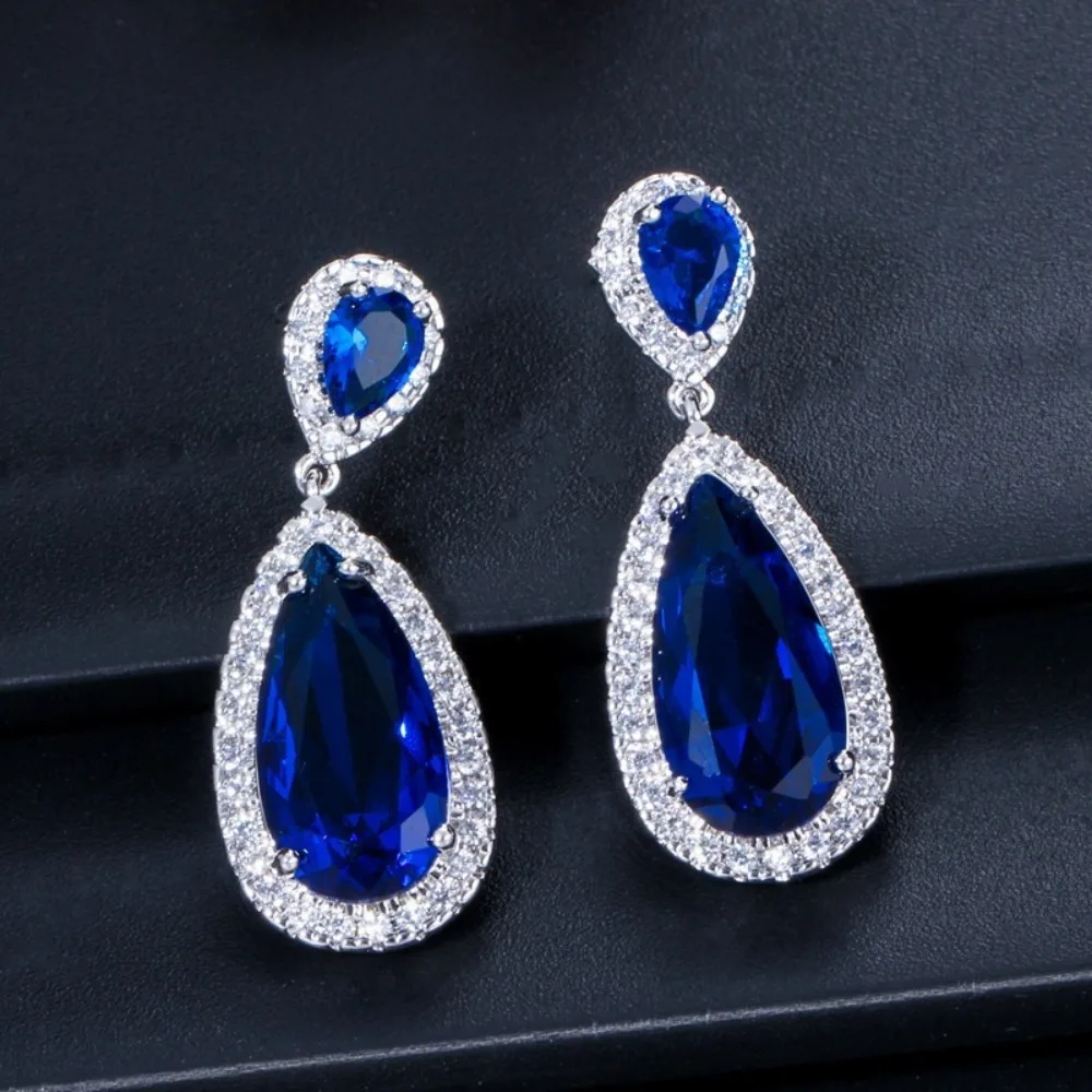 AMC Korea Luxury Dark Blue Long Drop Earring Zircon Ear Studs Navy Blue Bridal Wedding Party Jewelry Accessories Gifts For Women images - 6