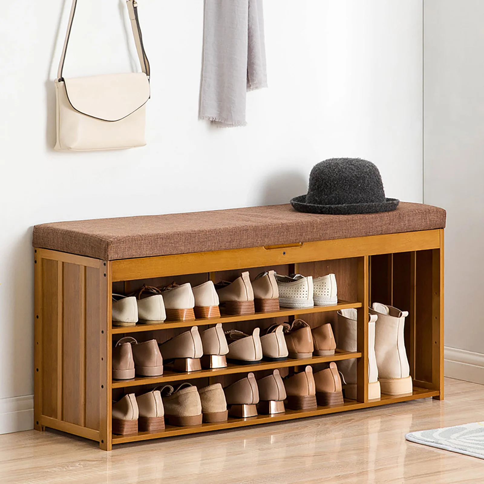 3-Tier Shoe Rack Bench, Entryway Storage Shelf Bamboo Shoe Cabinet With Cushion Shoe Cabinet Storage Benches