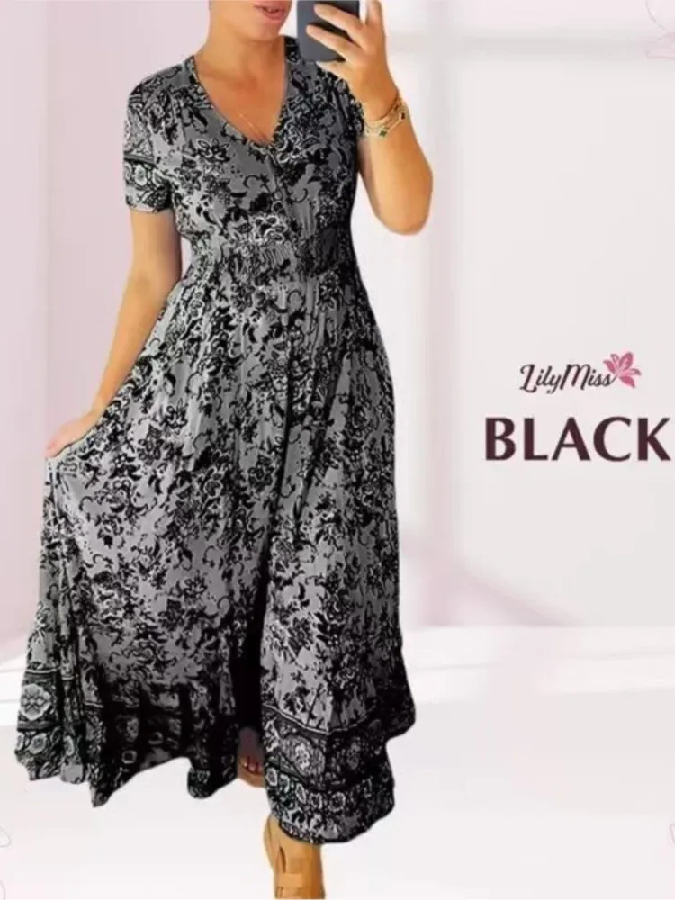 Элегантное женское платье 2022 длинное в стиле бохо с короткими рукавами и