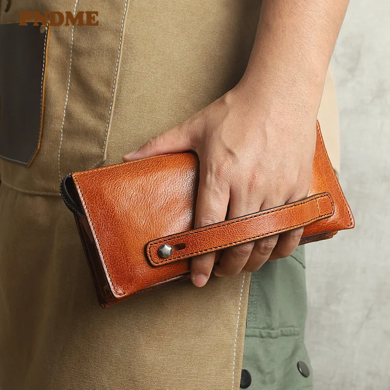 Fashion natural genuine leather men's clutch bag wallet simple vintage luxury real cowhide large capacity multi-card phone purse