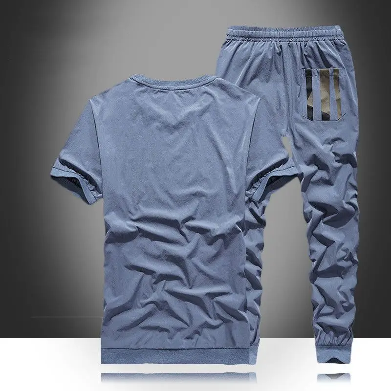 Men's Summer Sports Leisure Ice Silk Thin Fashion Trend Fitness Short Sleeve T-Shirt Trousers Two-Piece Set