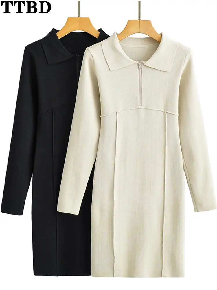 

TTBD vestido bodycon Women 2022 chic fashion slim front zip crop knit mini dress vintage lapel long sleeve female dresses mujer