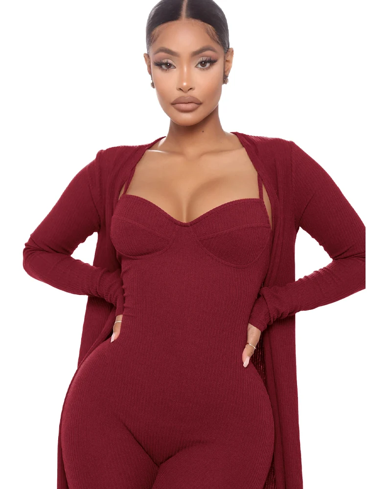 

Женский Повседневный комплект из двух предметов, однотонный Облегающий комбинезон в рубчик и длинный вязаный кардиган, весна-осень 2022