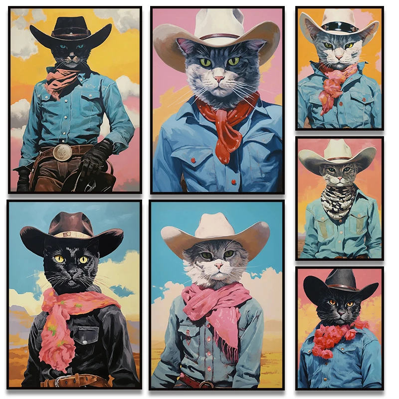 Западный причудливый холст для домашних животных черно-белый кот ковбой