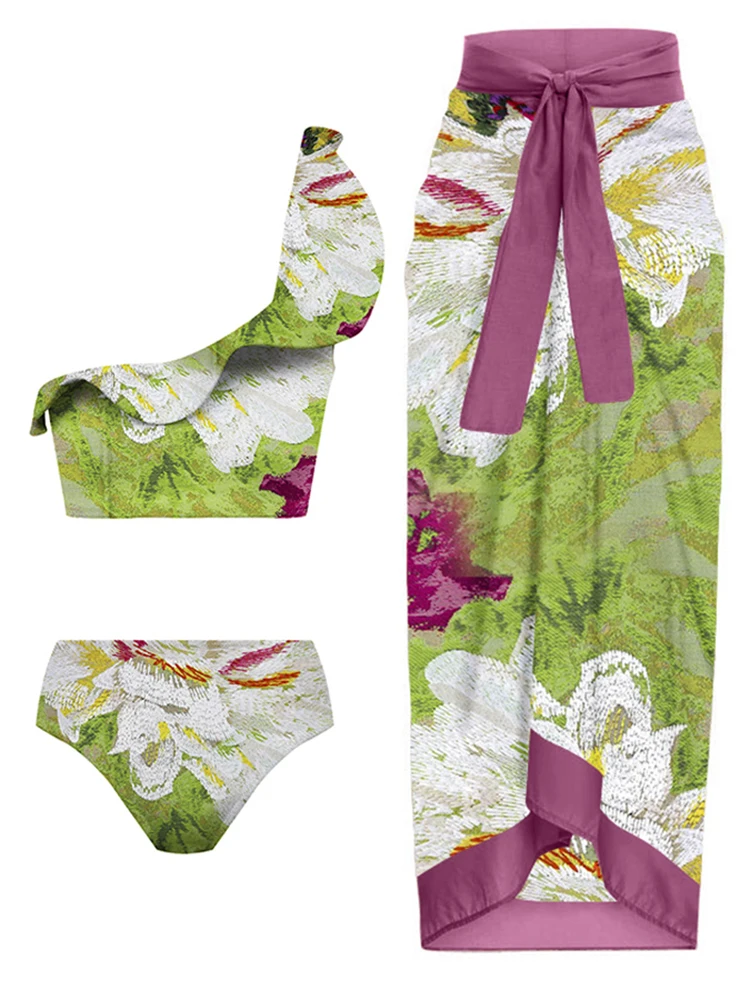 

One Shoulder Ruffle Swimwear Green Print High Waist Bikini Women Fashion Two Piece Beachwear Sexy Backless Swimsuit Beach Skirt