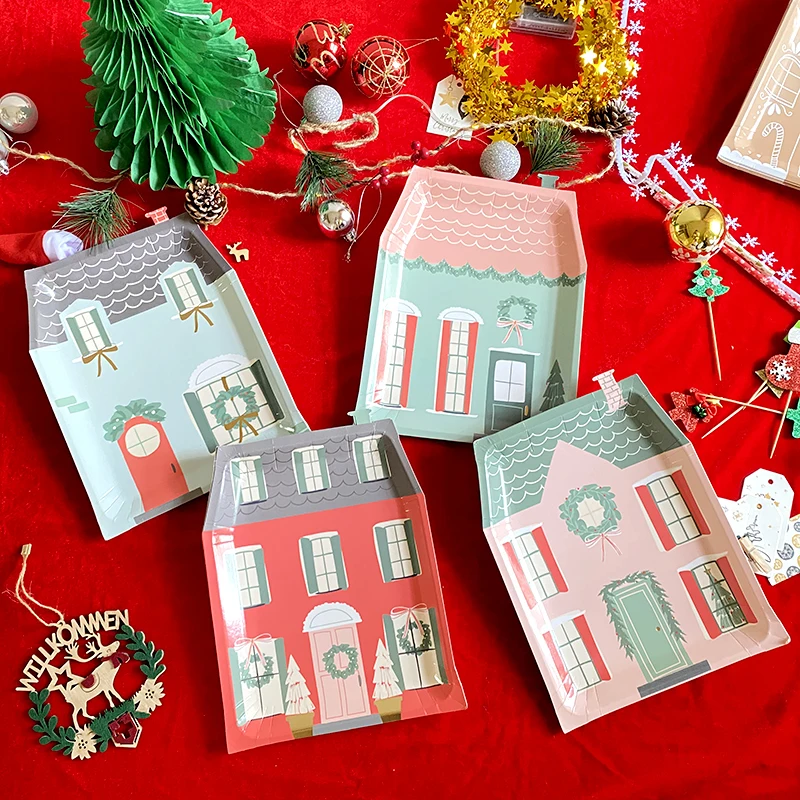 

Omilut 8pcs Christmas Red House Decor Plates Christmas Party Disposable Plates Happy New Year Decor For Home Supplies