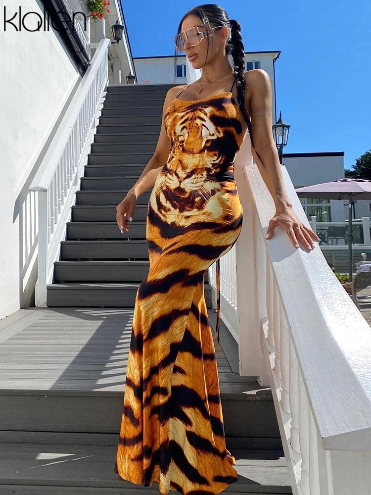KLALIEN Print Tiger Maxi Dress For Women Summer Fashion Casual Beach Vacation Street Clubwear Strap Long Bodycon Dress New 2022