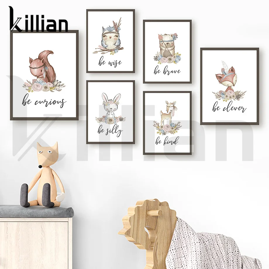 

Be Kind Brave Cute Animal Canvas Painting Rabbit Bear Fox Owl Squirrel Cartoon Poster Print Art Wall Picture Kids Room Decor