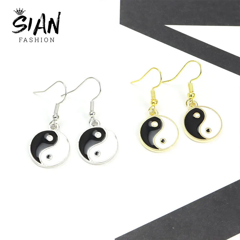 

SIAN Vintage Enamel Black White Tai Chi Hook Earrings Ying Yang Bagua Pendant Dangle Earrings Fashion Jewelry Accessories Gifts