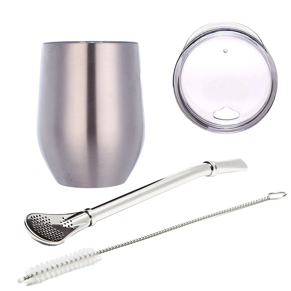 

Double-Wall Stainless Yerba Gourd Mate Tea Set Water Mate Tea Cup with Lid Spoon Straw Bombilla Head Filter Brush Silver