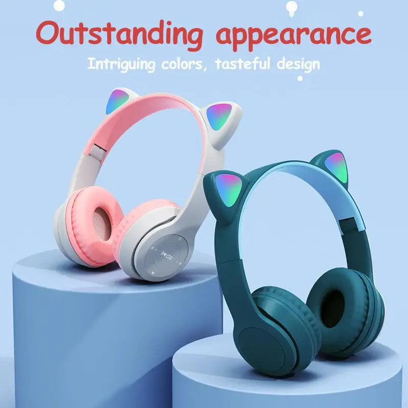 

P47m Bluetooth5.0 Headphones Big Cat Ear Wire-controlled 3.5mm Audio Interface Gaming Headset Hifi Sports Earphones Laptops