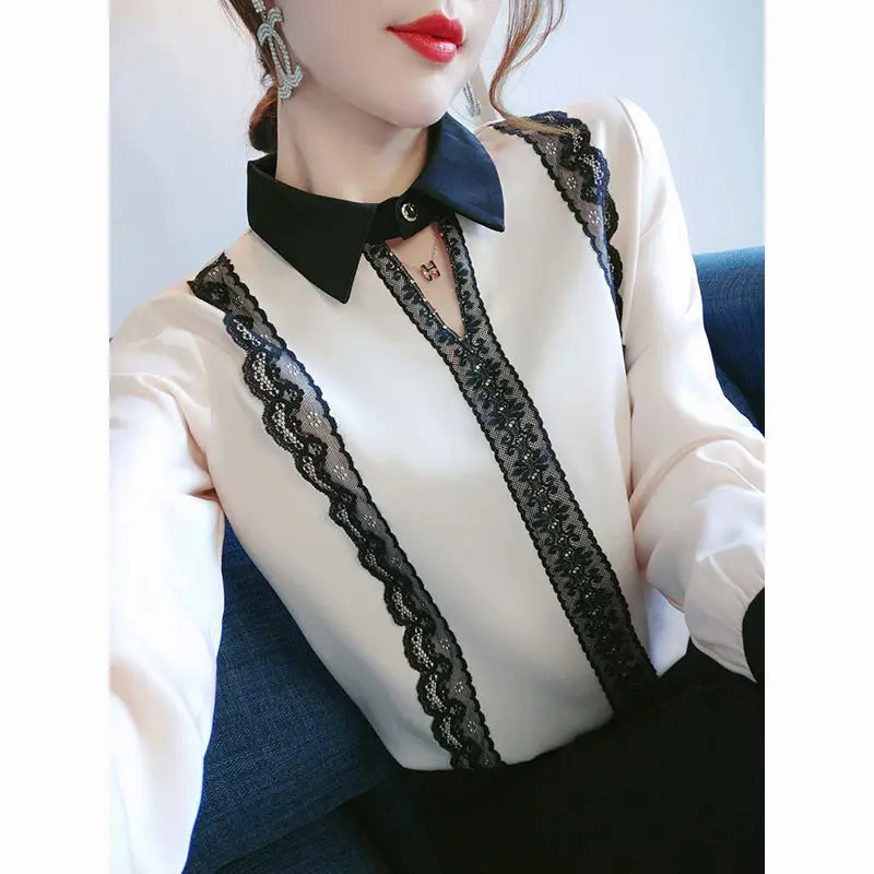 

Spring 2022 New square collar European station lace top women cover belly western style small shirt long sleeve chiffon shirt