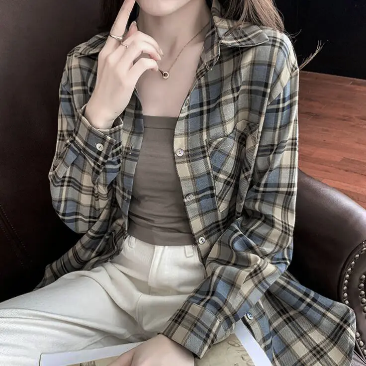 Японская клетчатая рубашка в гонконгском стиле с длинными рукавами Корейская
