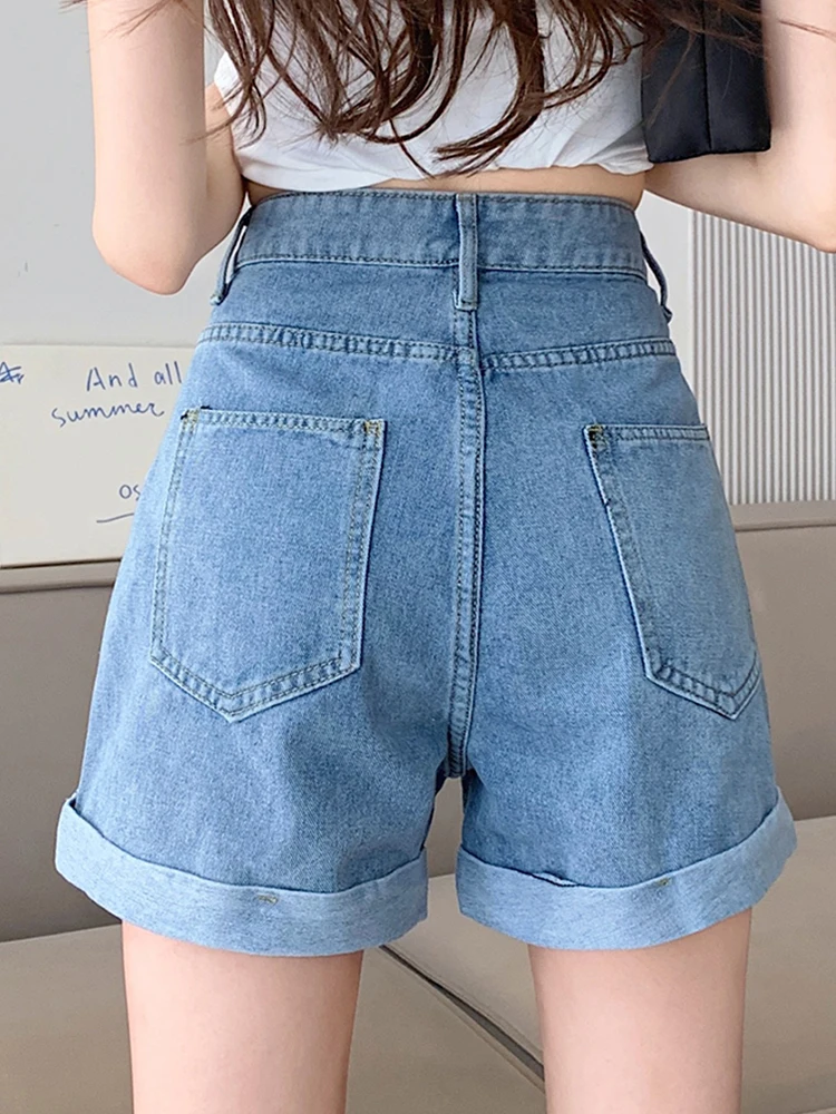 New Summer Women Fashion Big Pockets Wide Leg Denim Shorts Lady Casual Vintage High Waist Straight Jean Shorts