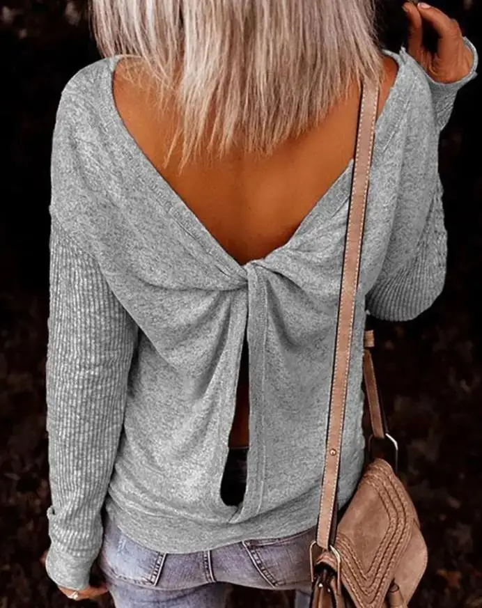

sexy Twisted Long Sleeve Round Neck backless Sweatshirt top fashion woman blouses 2022 Female clothing casual Tees new outfits