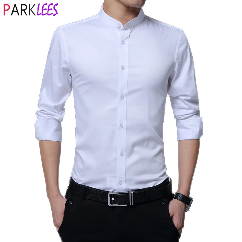

Mens Banded Collar White Shirt Cotton Long Sleeve Slim Fit Casual Button Down Shirt Mandarin Collar Formal Casual Shirts for Men
