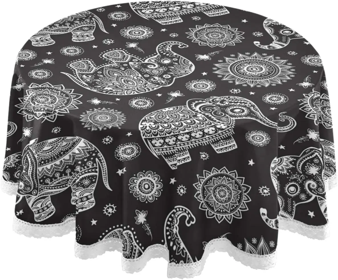 

Винтажная круглая черная скатерть в виде слона, лотоса, этнического трибы, животных, цветов, скатерть для стола, Декоративная скатерть для б...
