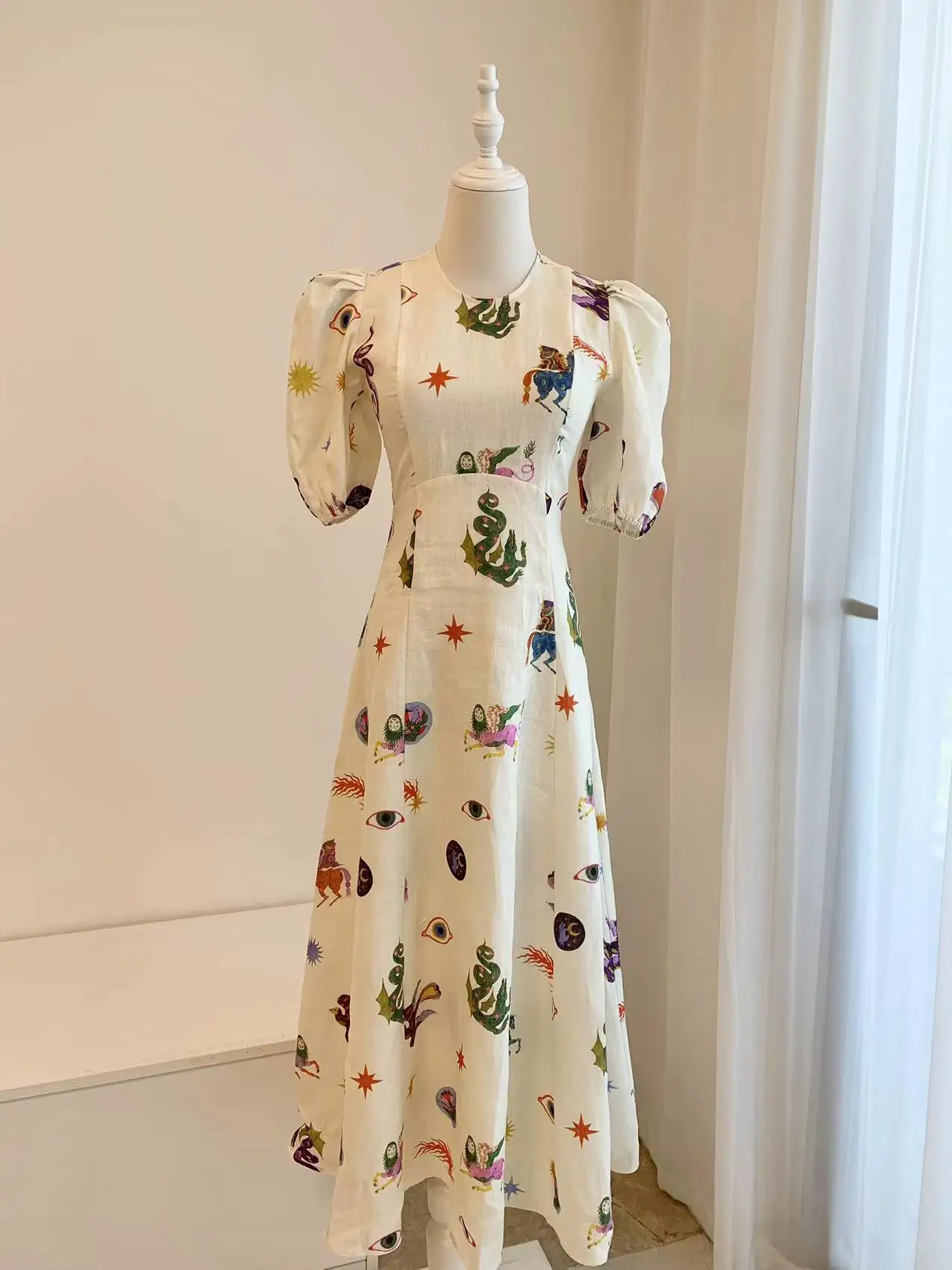 Women Animal Printed Round Neck Puff Short Sleeve Linen Midi Dress