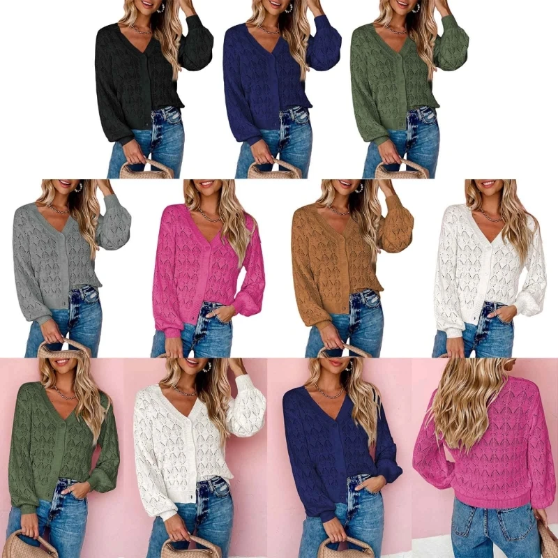 

Short cardigan sweater women's autumn/winter 2023 long sleeved crochet knit shawl front open V-neck button top