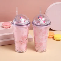 cute pink cherry blossom unicorn double layer plastic straw cup cartoon girl child creative home office gift gift