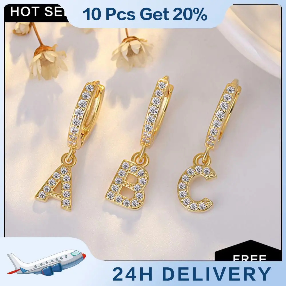 

1pc Cubic Zircon Pendant Earrings Gold Color Metal Earrings Party Gift Shiny A-z Letter Hoop Earrings Dangle Earrings For Women