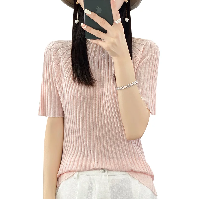 

2023 Pullover Women's Sweater T-shirt Fashionable and Fashionable Solid Color Knitted O-Neck Short Sleeve Women's Thin New Style