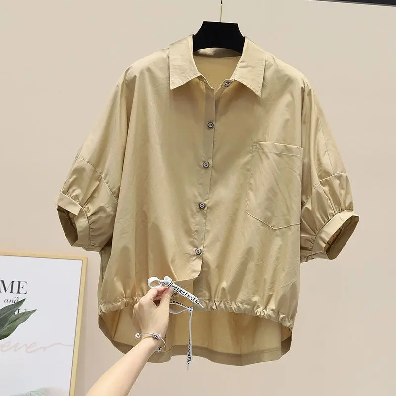 

Blusas Summer New Bat Sleeve Shirt Women Loose Casual Hem Waist Short Sleeve Blouse Solid Crop Tops Half White Shirts Lady 2023