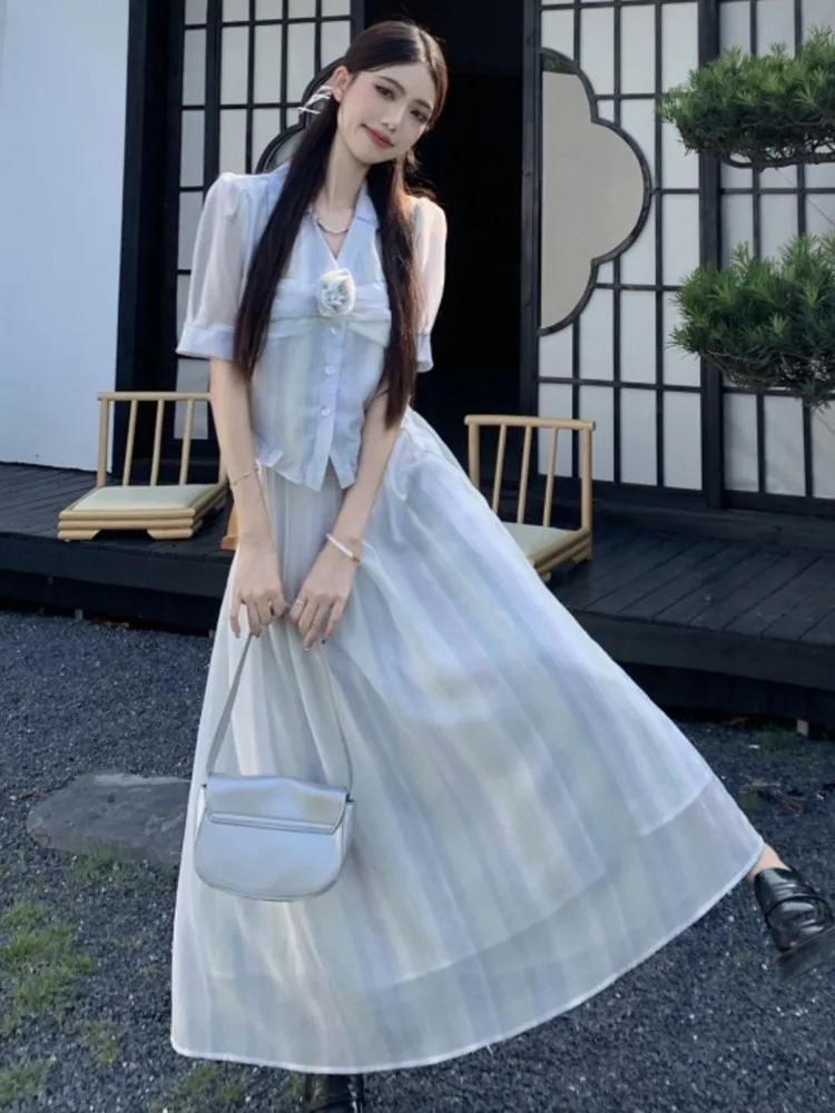 

Женский винтажный комплект из 2 предметов, милая топ с коротким рукавом и юбка миди с градиентом, элегантные праздничные костюмы с оборками, лето 2023