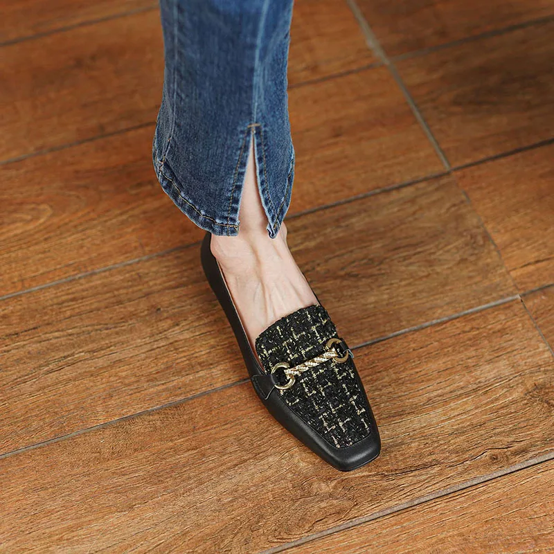 Mature Office Metal Bow Knot Ladies Lafers Flats Square Toe Autumn 2022 Slip On Low Woman Chunky Heels Pumps Business Shoes Size