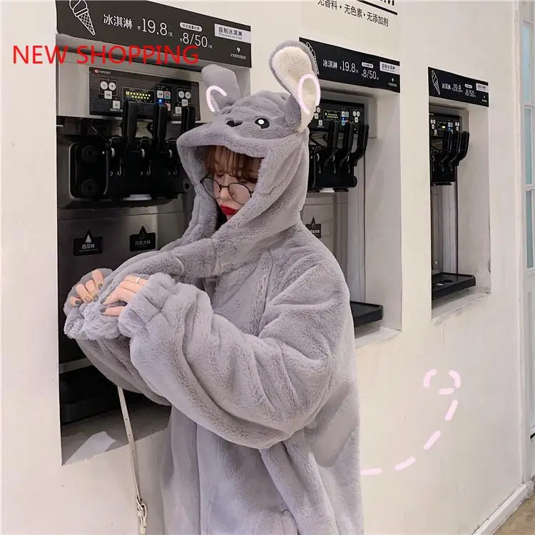 Furry Bomber Jacket Autumn Winter Girls Warm Thick Move Ears Hooded Plush Cotton Padded Coat Parka Faux Fur Puffer Cardigan Tops