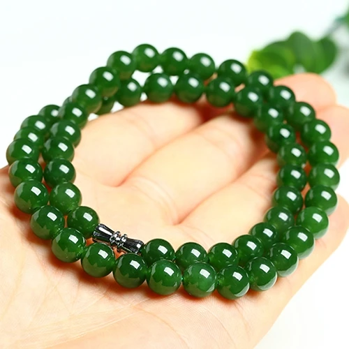 

Xinjiang Hetian Jasper Bead Necklace Kunlun Jade Pendant Round Bead Jade Chain Spinach Green Men and Women