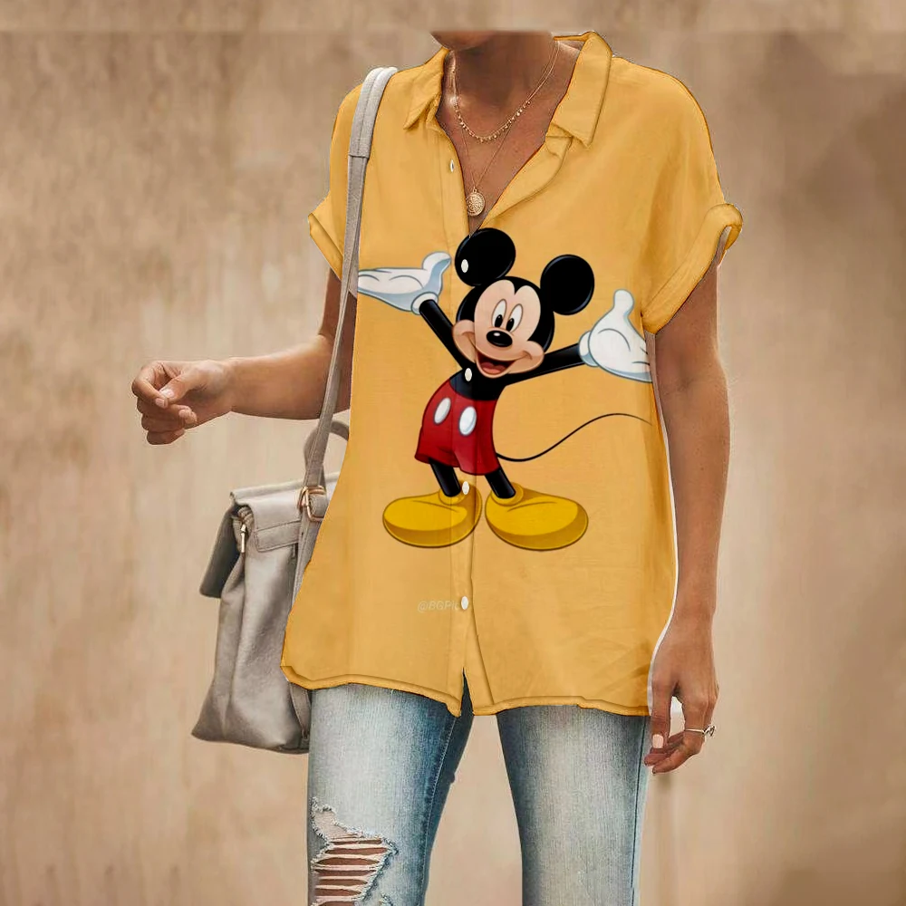 

2022 New Fashion Casual Street Shirt Top Disney Harajuku Button Slim Short Sleeve Mickey Print Shirt Y2K