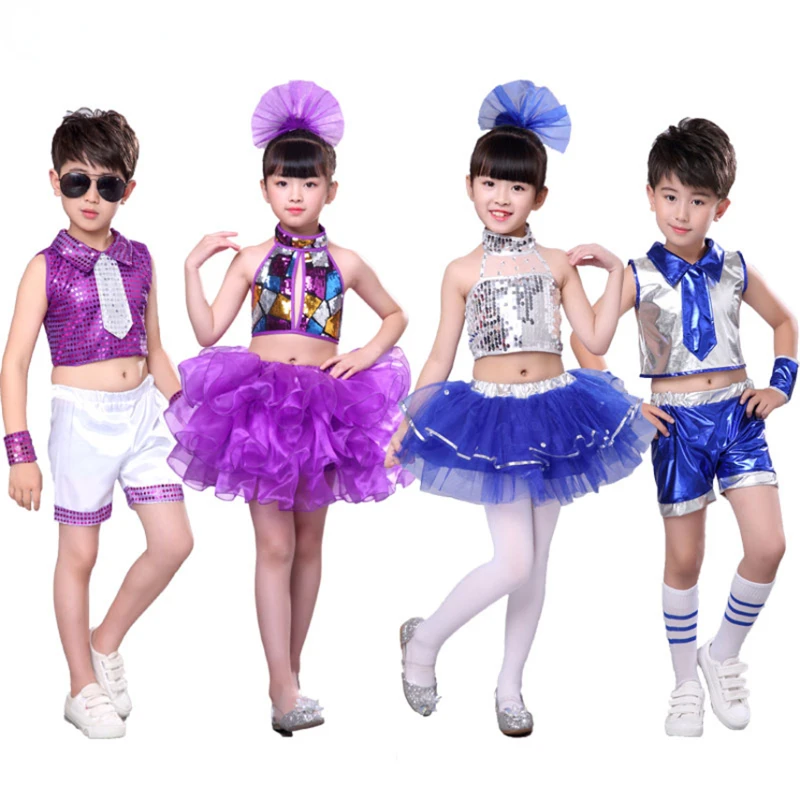 

Jazz Dance Wear Costumes Kids Girls Top Sequins Holographic Cheerleader Hiphop Stage Performance Clothing Outfit Set Costume