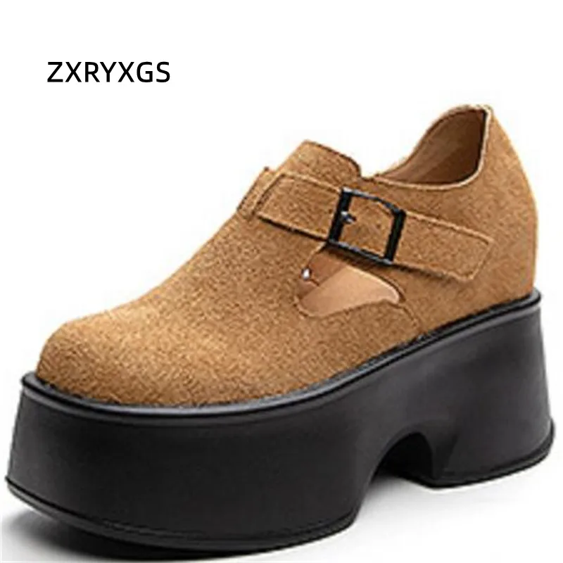 

ZXRYXGS легкие удобные высокие каблуки 2023 новые весенние замшевые женские кожаные туфли из коровьей кожи Модные натуральные туфли на толстой подошве увеличивающие рост