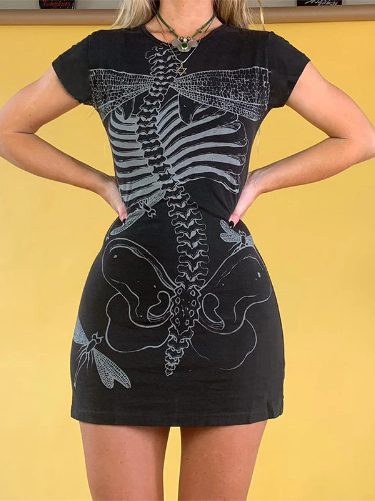 

Летнее винтажное платье HOUZHOU, женские черные готические платья, сексуальное облегающее приталенное платье с принтом скелета, Повседневный ...