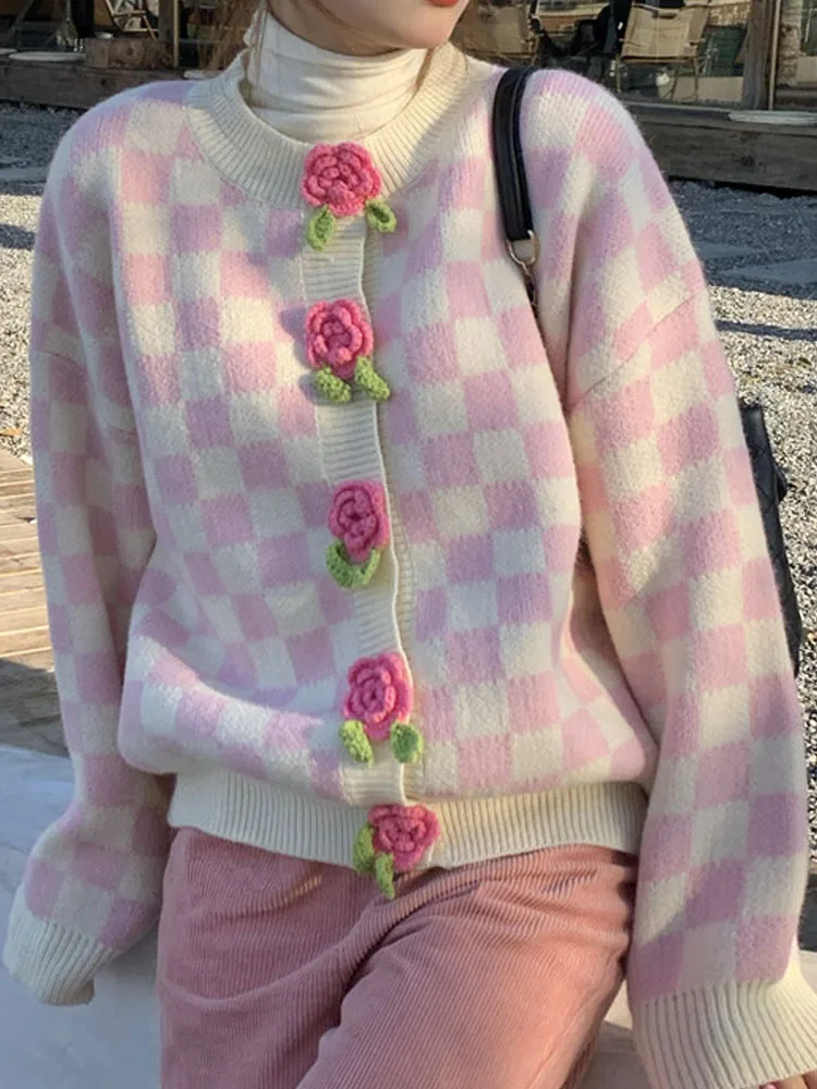 

KIMOKOKM милый девчачий винтажный клетчатый свитер с длинными рукавами, милые цветы, однобортный дизайн, вязаный свитер для девочек