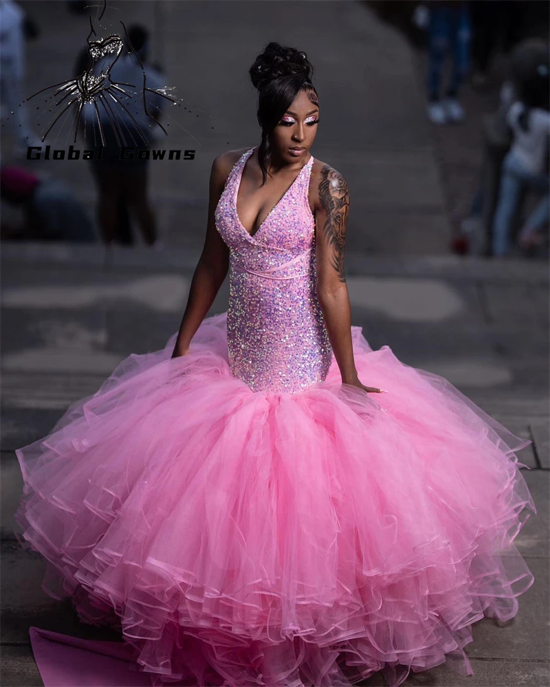 

Pink Halter Long Prom Dress For Black Girls 2023 Sequined Birthday Party Dresses Ruffles Tiered Evening Gowns Robe De Bal