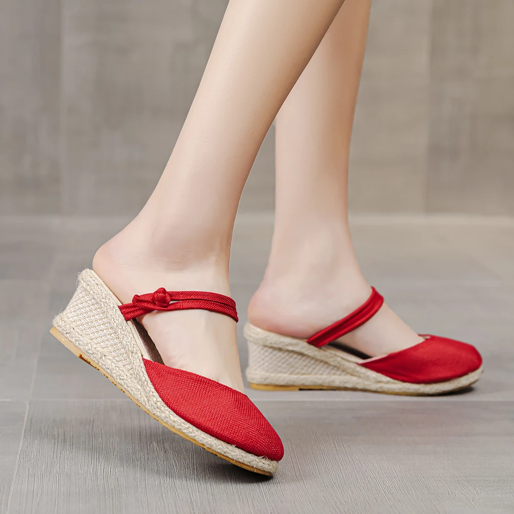 Фото Veowalk Summer Women Plain Linen Wedge Espadrilles Slides 6cm Heel Retro Comfortable Ladies Casual Sandals Mules Shoes Black Red №5