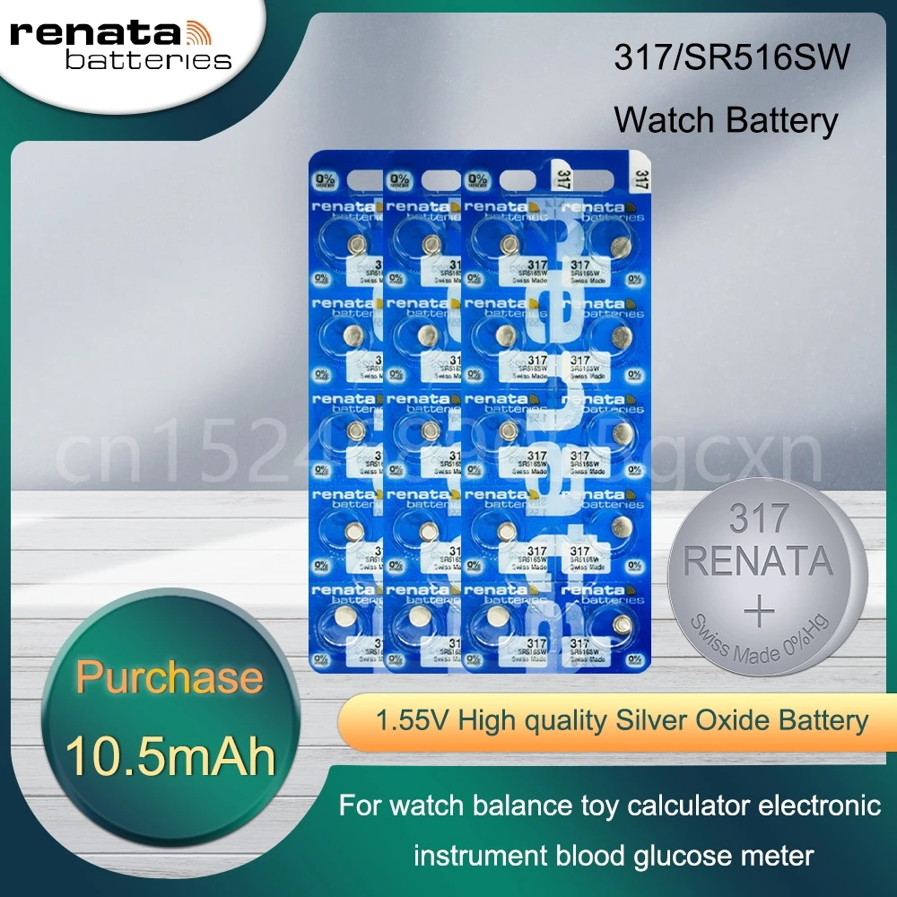 Оригинальный Renata 317 SR516SW D317 V317 SR62, долговечный аккумулятор для часов 1,55 в из оксида серебра, швейцарская пуговица, монетница