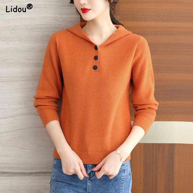 

Solid Loose Patchwork Button Straight 2022 Women's Clothing Pullovers Street Casual Autumn Winter Thin Simplicity Hoodie Tops