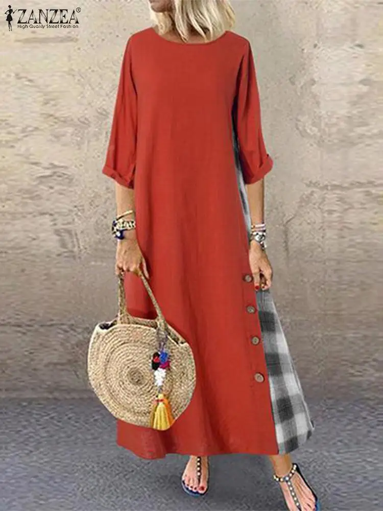 

Женский винтажный сарафан ZANZEA, клетчатые платья в стиле пэчворк, длинное платье с рукавом 3/4, весеннее Повседневное платье оверсайз