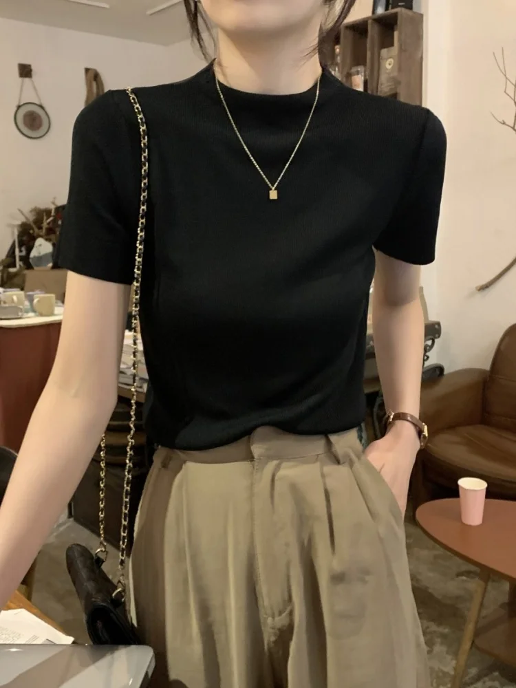 Новинка 2024 вязаная черная футболка с коротким рукавом из ледяного шелка Женский