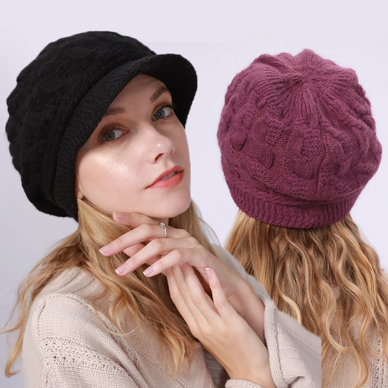 

Short Brim Winter Wool Knit Beret Hat For Women Solid Casual Plush Fur Warm Hats Fashion Soft Outdoor Warmer Ladies Caps Bonnet