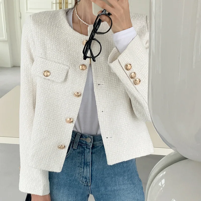 

Golden Buttons Elegant Tweed Jacket Luxury Women's O-neck Long Sleeves Single Breasted Cropped Top Coat Autumn Winter New Q302