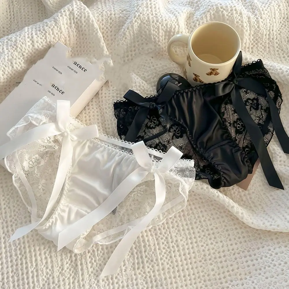 Однотонное кружевное нижнее белье с бантом дышащее ажурное женское трусики