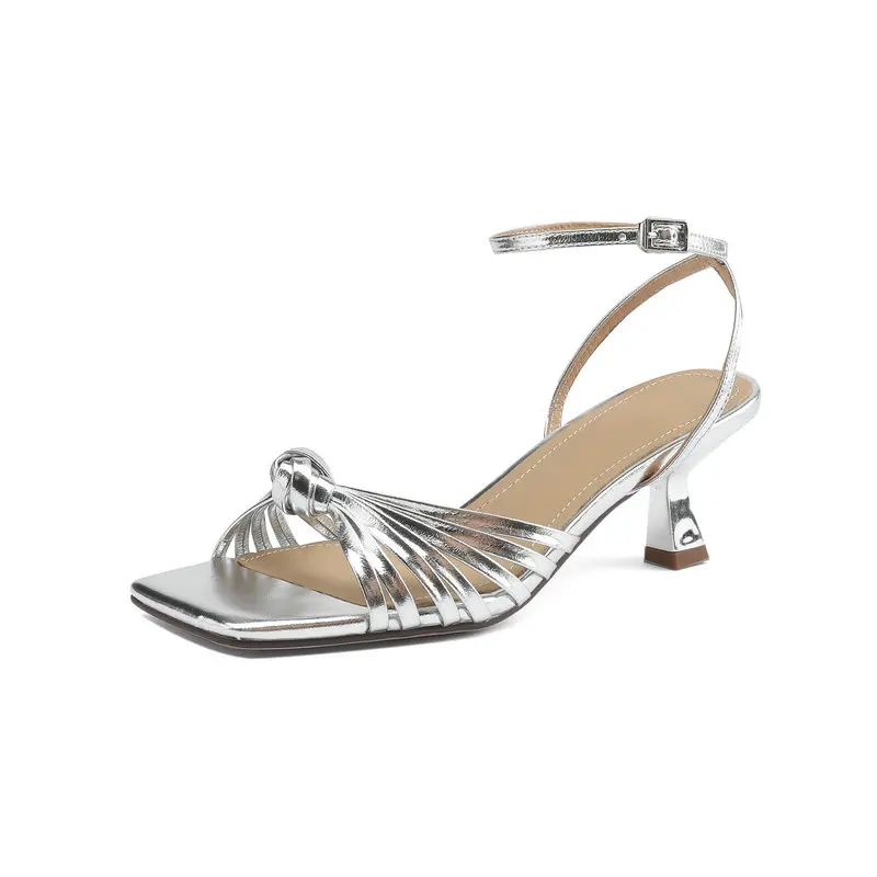 Women's Knotted Dress Sandals Square Toe Strappy Shoes Silver Beige Purple Kitten Heels