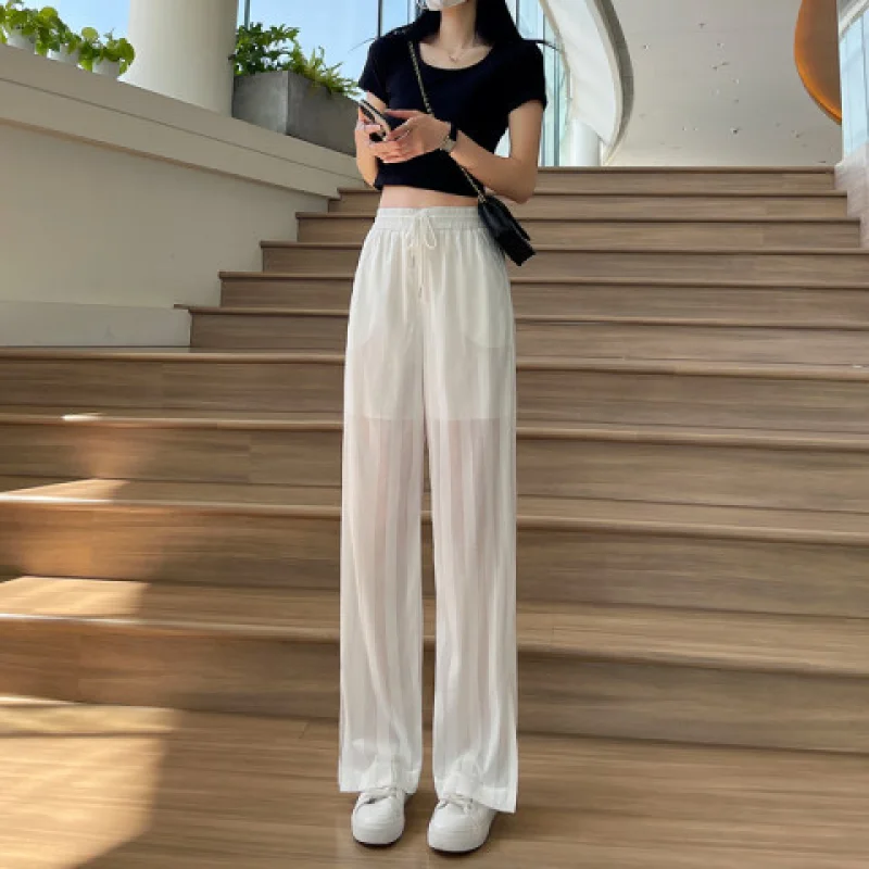 

Elegant Women's Y2k Summer Ice Silk Gauze Wide Leg Pants Chiffon Thin Sunscreen Anti-mosquito Translucent Loose Casual Pants