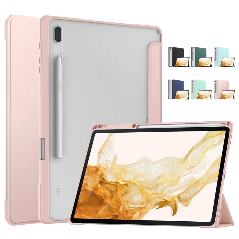 

For Samsung Tab S8 Case With Pencil Holder PU Leather Transparent Hard Back Smart Cover For Galaxy Tab S7 Tab S8 Case Rose Gold