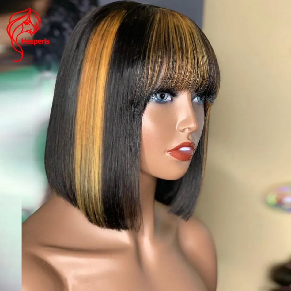 

Hesperis Highlight Blonde Bob Human Hair Wig With Bangs Brazilian Remy Scalp Top Full Machine Short Bob Wig For Black Women